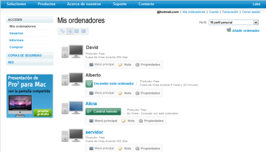 Ordenadores en la cuenta de Logmein Free