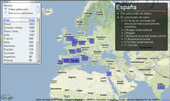 Mapa sobre solicitudes mundiales para retirada de contenidos en Google