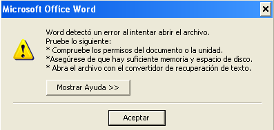 error al intentar abrir el archivo corrupto de Word