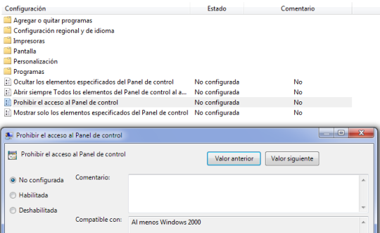 desactivar panel de control en Windows 7