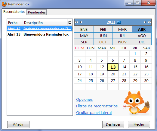 Recordatorios y calendario para Firefox