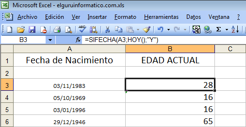 Fórmula de Excel para calcular edad