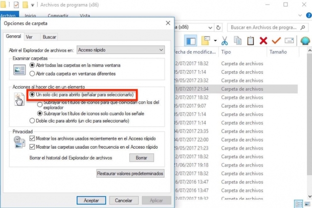 Un solo 'clic' en Windows 10 para abrir archivos y carpetas